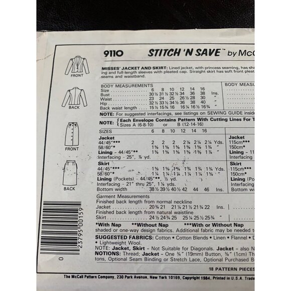 McCall's Misses Jacket Skirt Sewing Pattern Sz 6 - 10 9110 - Uncut - Picture 6 of 9